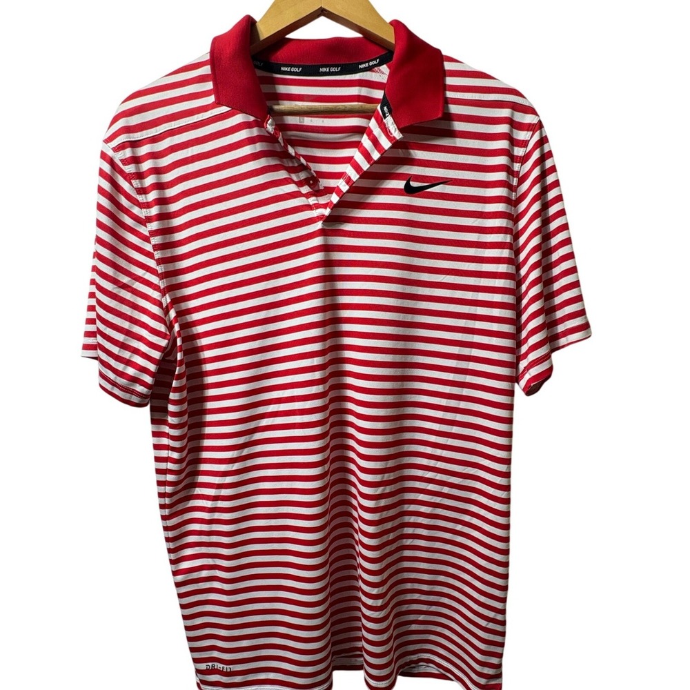 Nike Golf Dri-FIT Polo Shirt Mens Large L Red White Striped Short Sleeve Swoosh